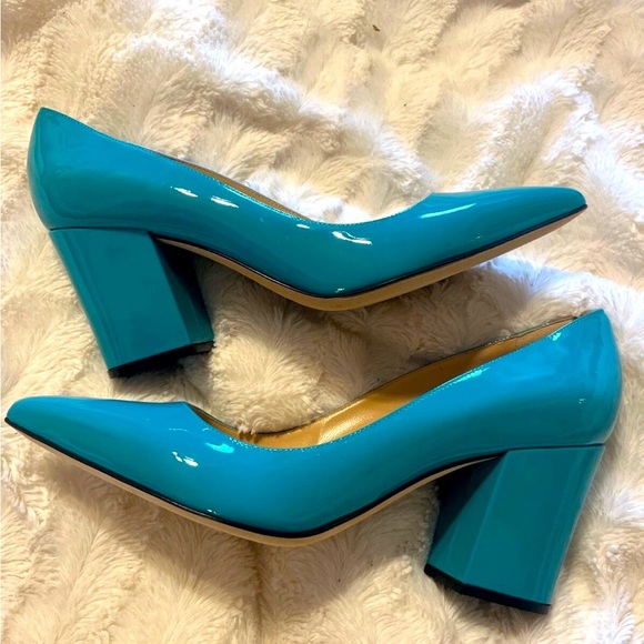 Sergio Rossi Shoes - Sergio Rossi Chunky Block Heel Turquoise Patent Leather Pointed Toe Pumps 10 NEW